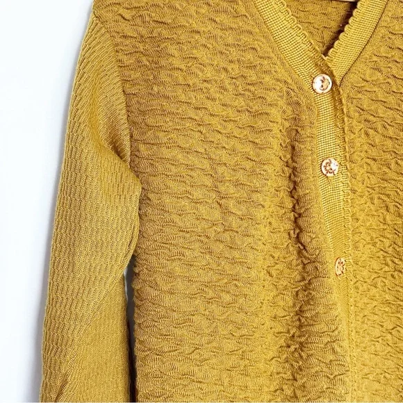 Renuka Mustard Cardigan sweater long sleeve goldenrod large textured cottagecore - Picture 2 of 8